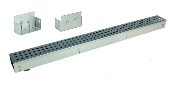 Edelstahlentwässerungsrinne mit Ablaufstutzen, Bauhöhe 60 bis 80mm, Rost Anthrazit Qudratlochung SET Typ 1